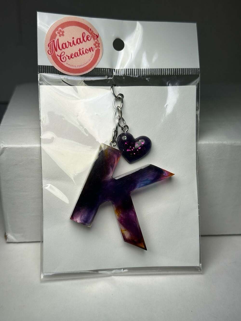 Handmade Resin Letter K Keychain with Purple Glitter Heart Charm